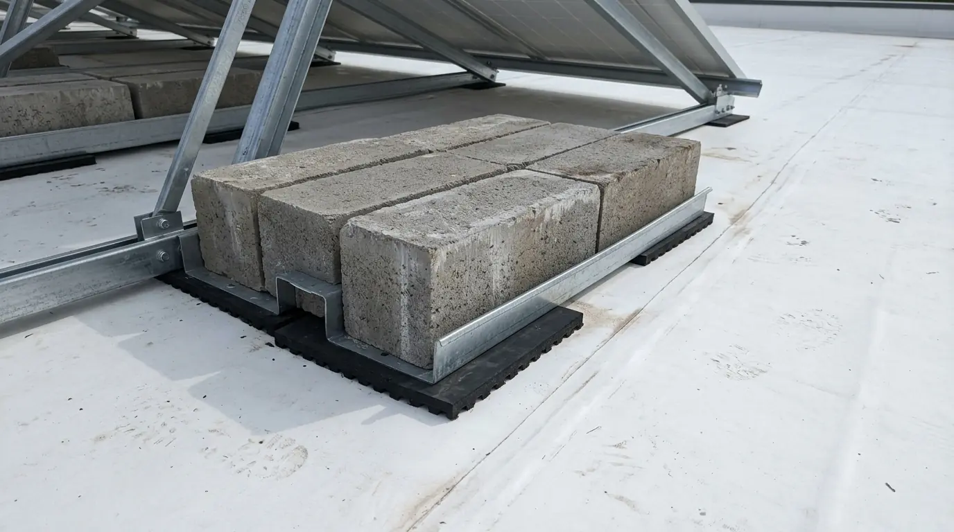 Ballast blocks holding a flat-roof solar rack