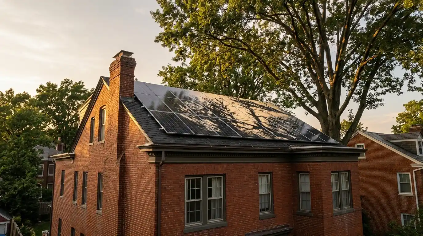 Tree shade creeping across a rooftop solar array