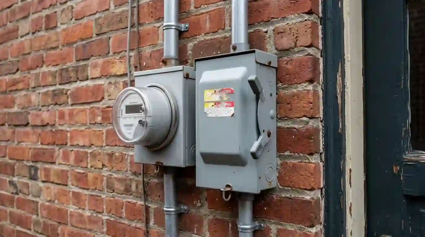 Solar production meter and disconnect on a Washington, DC rowhouse wall