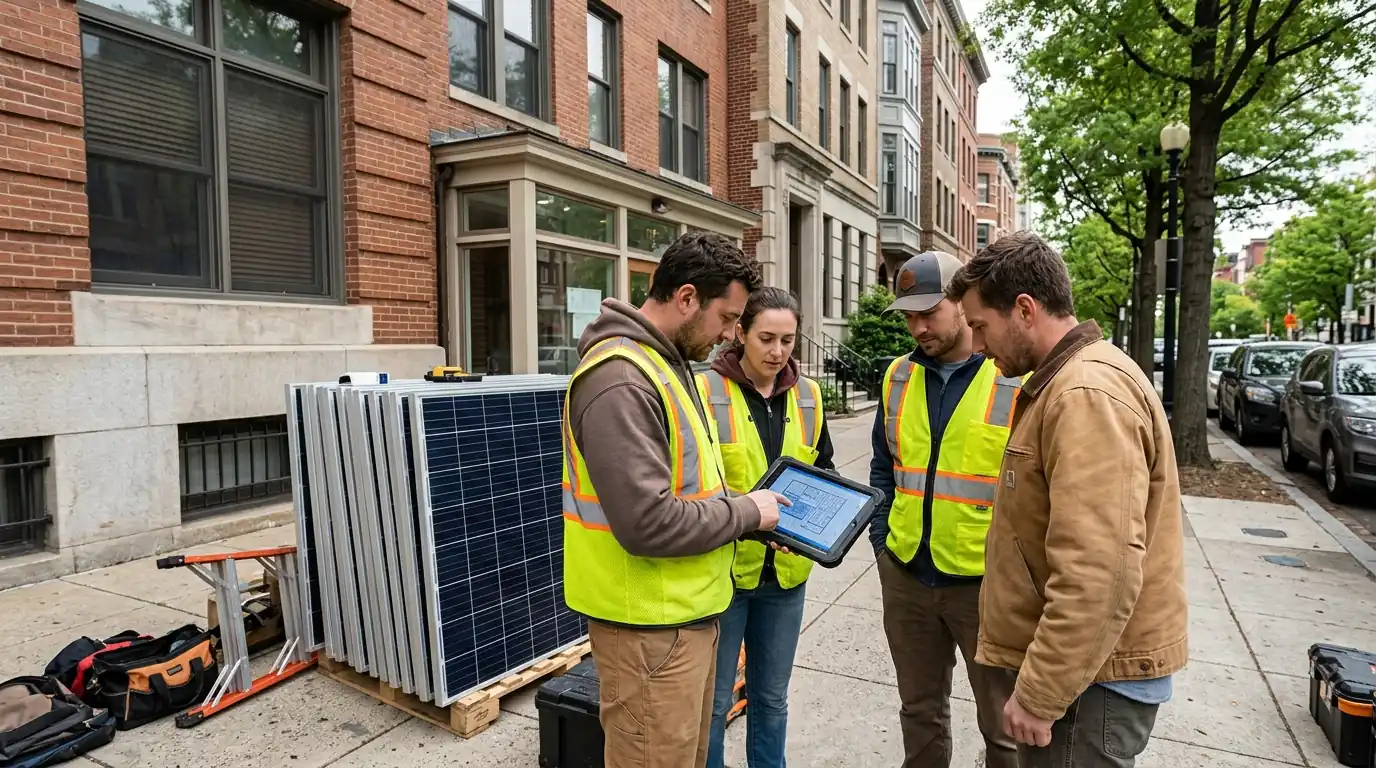 Solar crew reviewing a roof layout outside the Washington, DC office