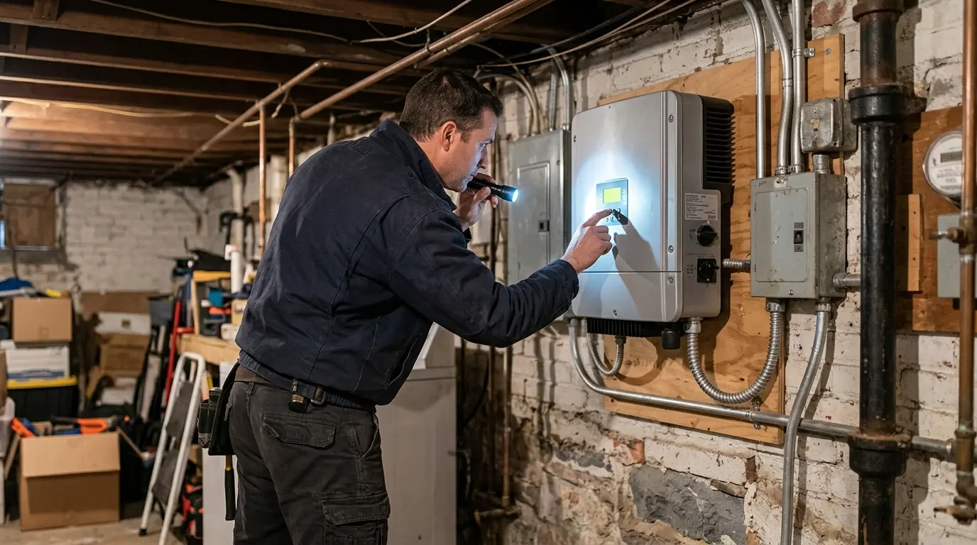 Technician reading a solar inverter fault in a DC basement