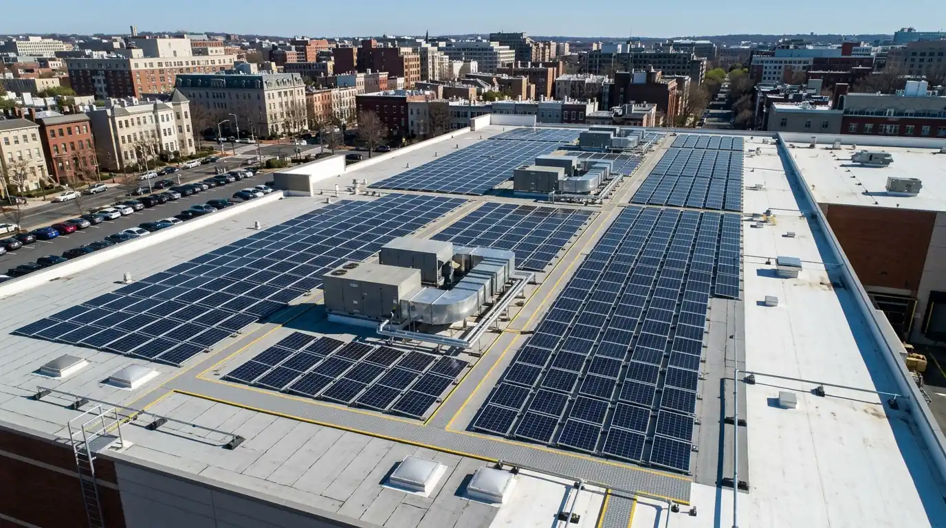 Commercial array fitted around rooftop HVAC units
