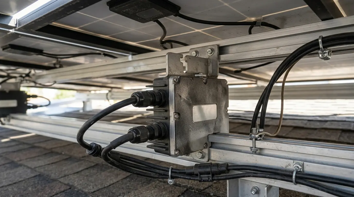 Microinverter mounted under a solar panel