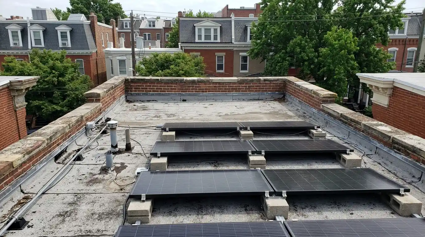 Low-visibility solar array set behind a historic rowhouse parapet