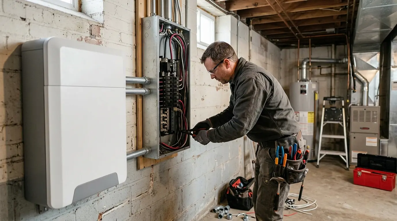 Electrician wiring an AC-coupled battery retrofit