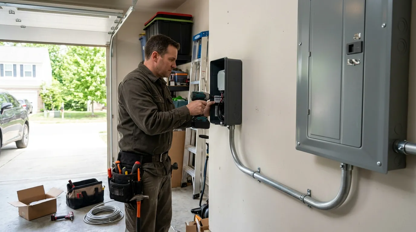 Electrician installing a hardwired Level 2 charger