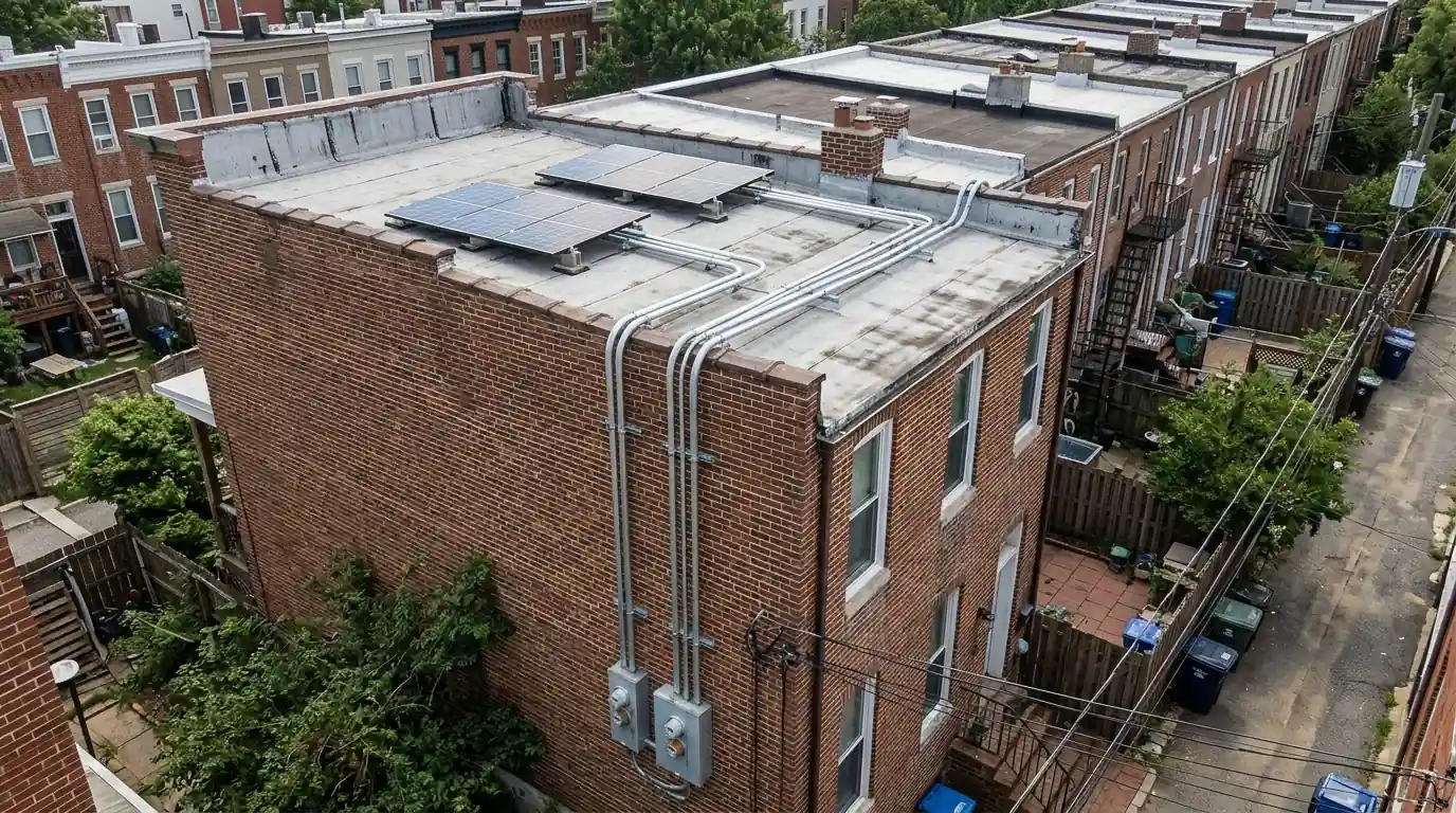 Two solar arrays on a shared rowhouse condo roof