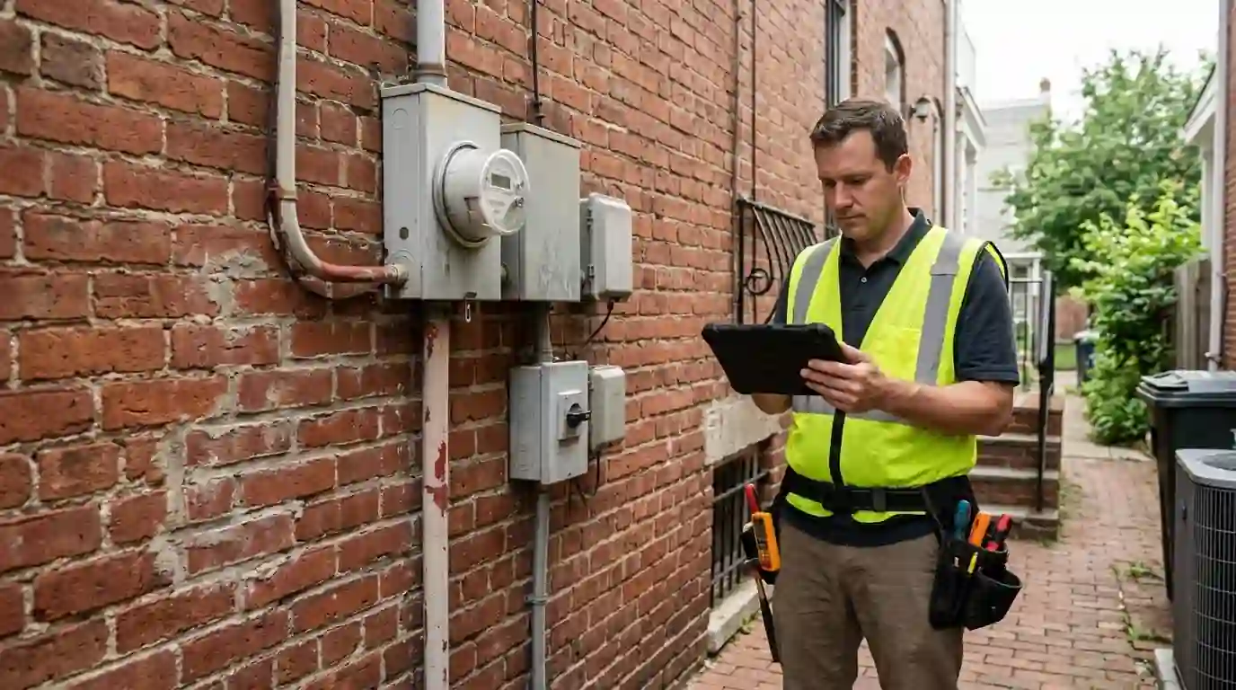 Technician and homeowner reviewing solar production data beside a DC rowhouse meter