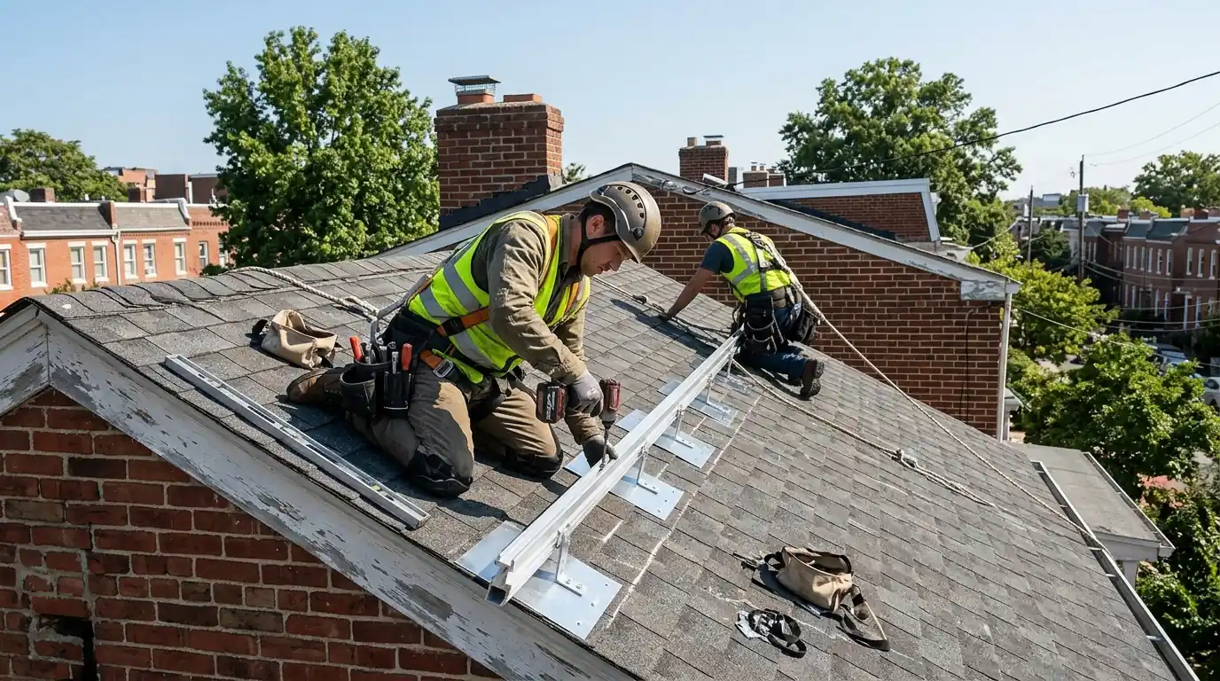 Installers attaching solar rails to a pitched roof in DC