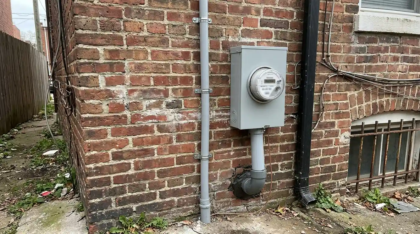 New meter base and service cable on a rowhouse rear wall