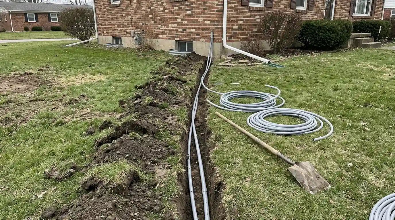 Trench and conduit running from a ground array to the house