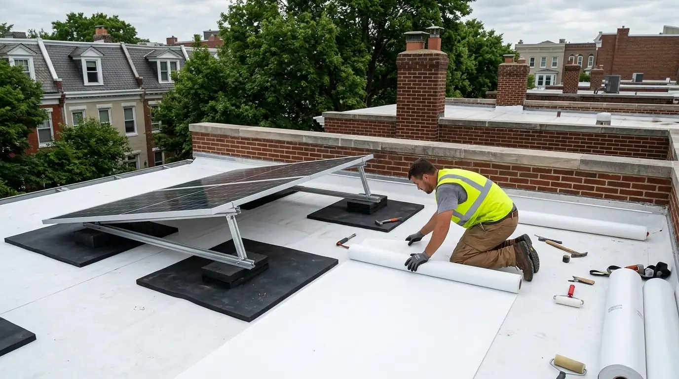 Solar rack set aside while a DC rowhouse roof is replaced