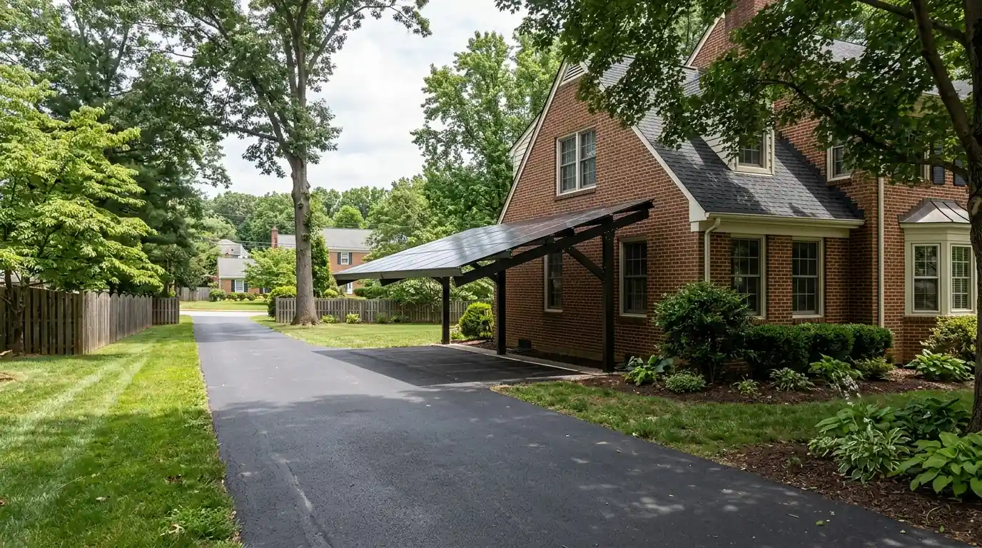 Driveway solar carport beside a brick house