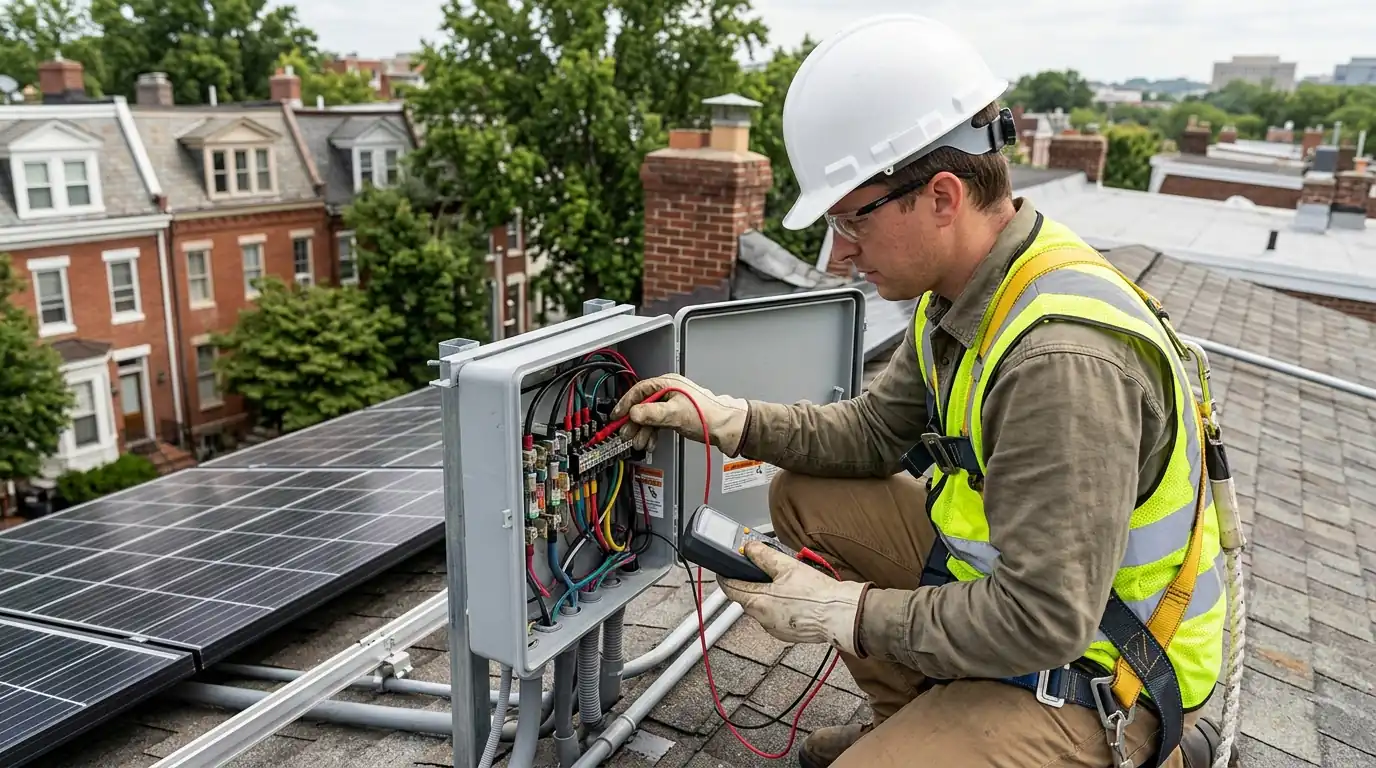 Technician testing string voltage during solar diagnostics