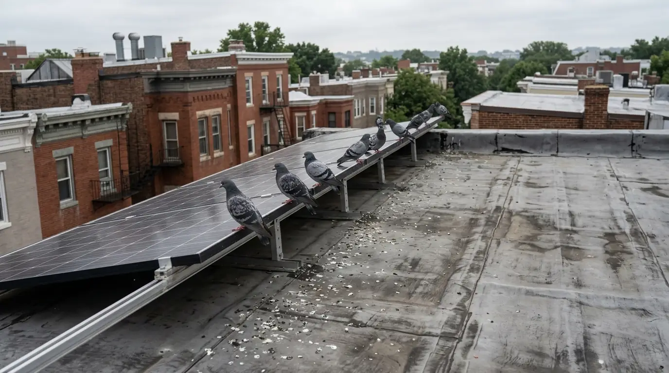 Pigeons nesting under solar panels on a DC rowhouse roof
