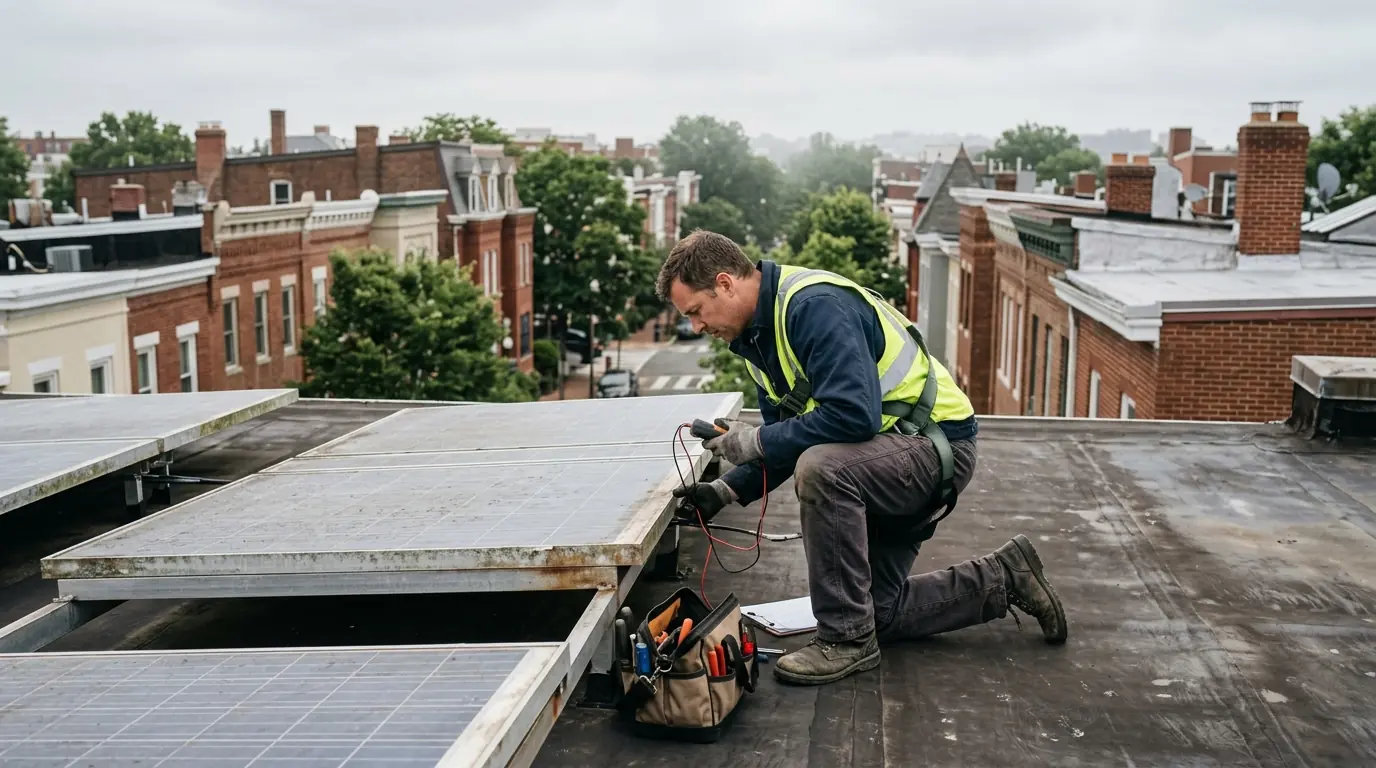 Technician inspecting a cracked solar panel on a Washington, DC rowhouse roof