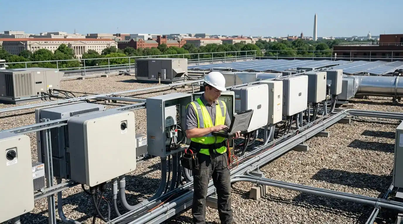 Technician inspecting commercial string inverters on a DC office roof