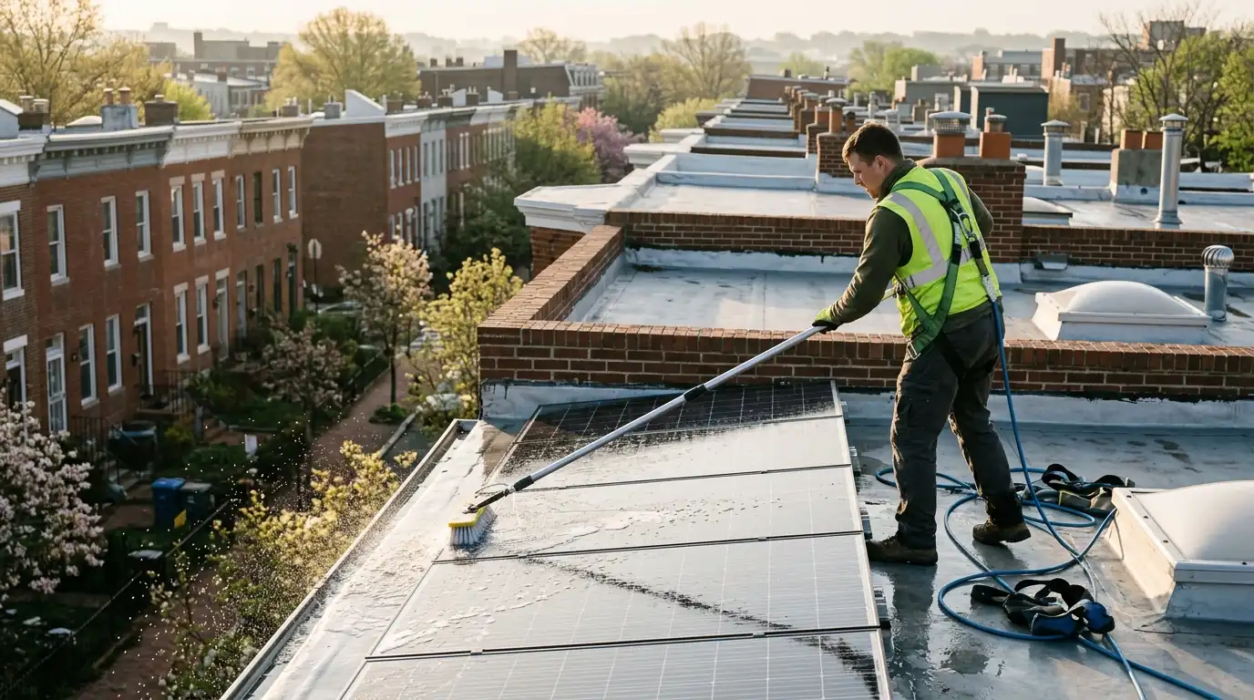 Cleaning low-tilt solar panels on a DC rowhouse roof