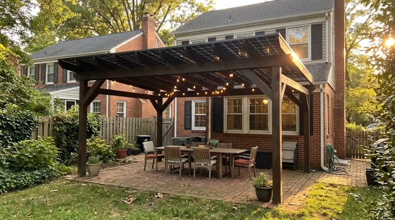 Solar pergola over a backyard patio near Washington, DC