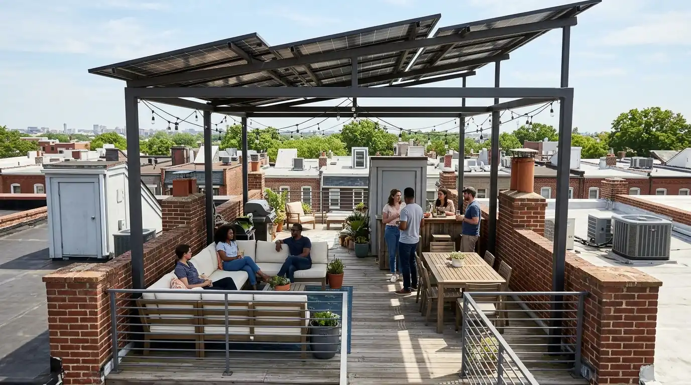 Raised solar canopy framing on a DC rowhouse roof deck
