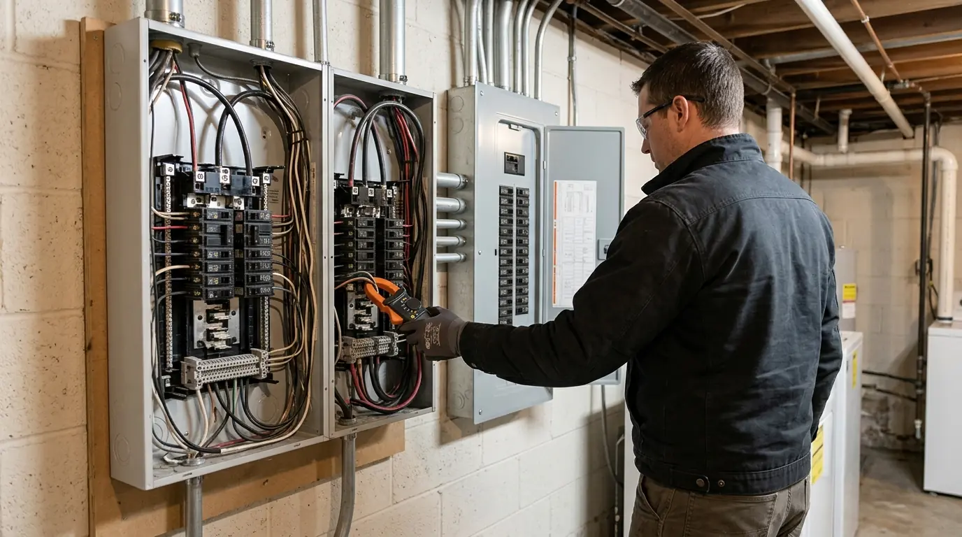 Technician testing a battery backup gateway beside the main panel