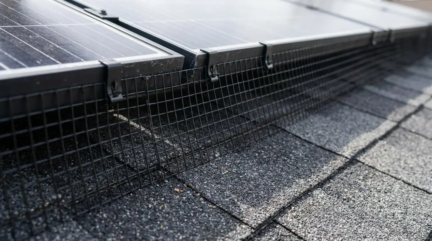 Mesh critter guard clipped around a solar array