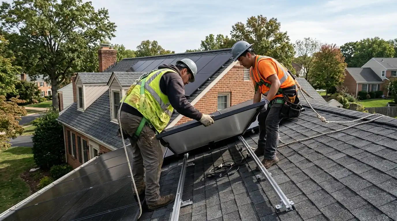 Crew removing a solar panel before a roof replacement