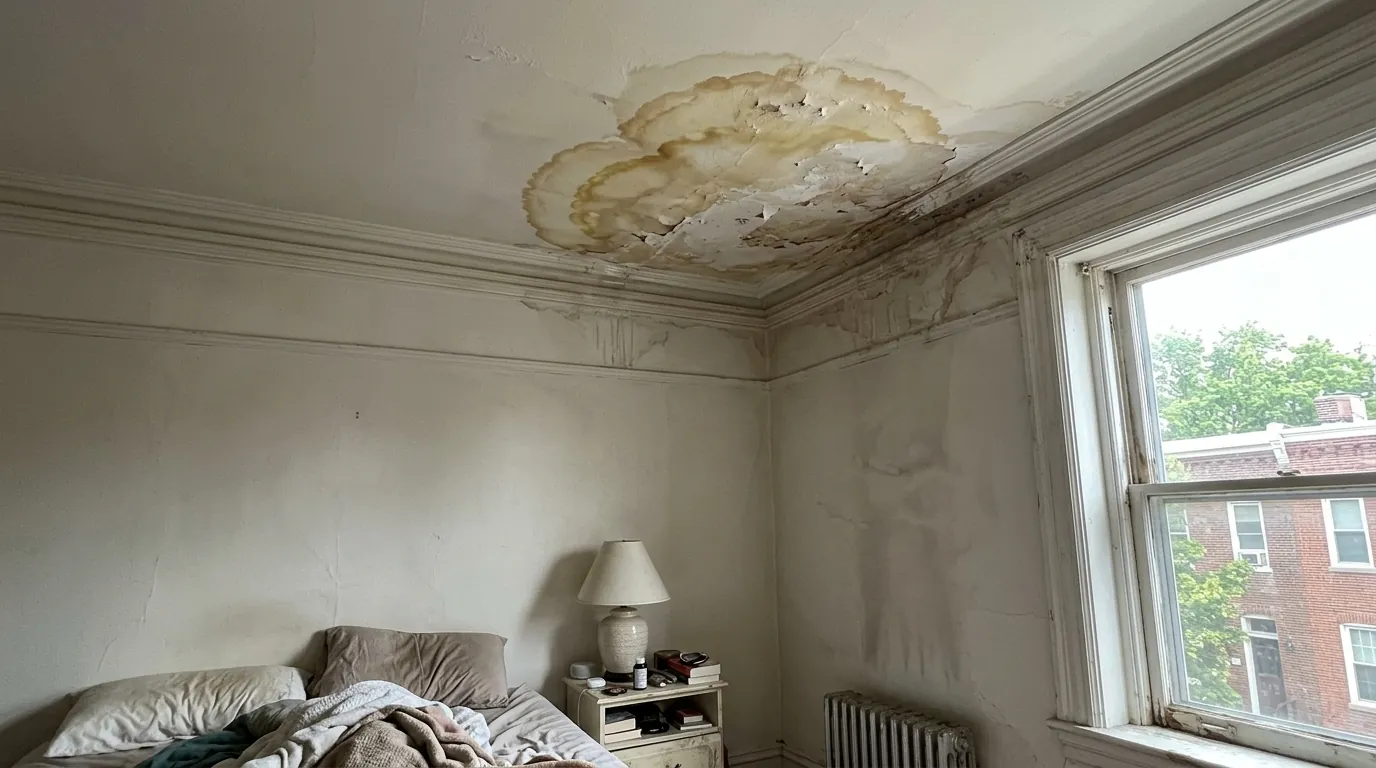 Ceiling stain from a leak under a solar array