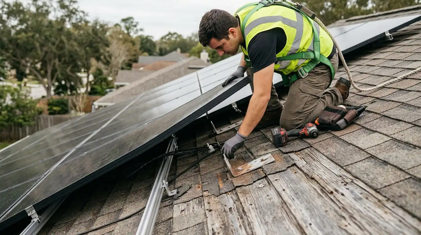 Lifting a panel to repair a leaking solar attachment