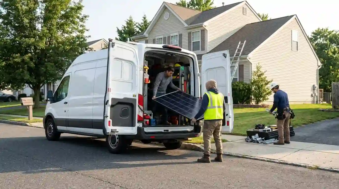 Solar crew arriving at a Camden County job
