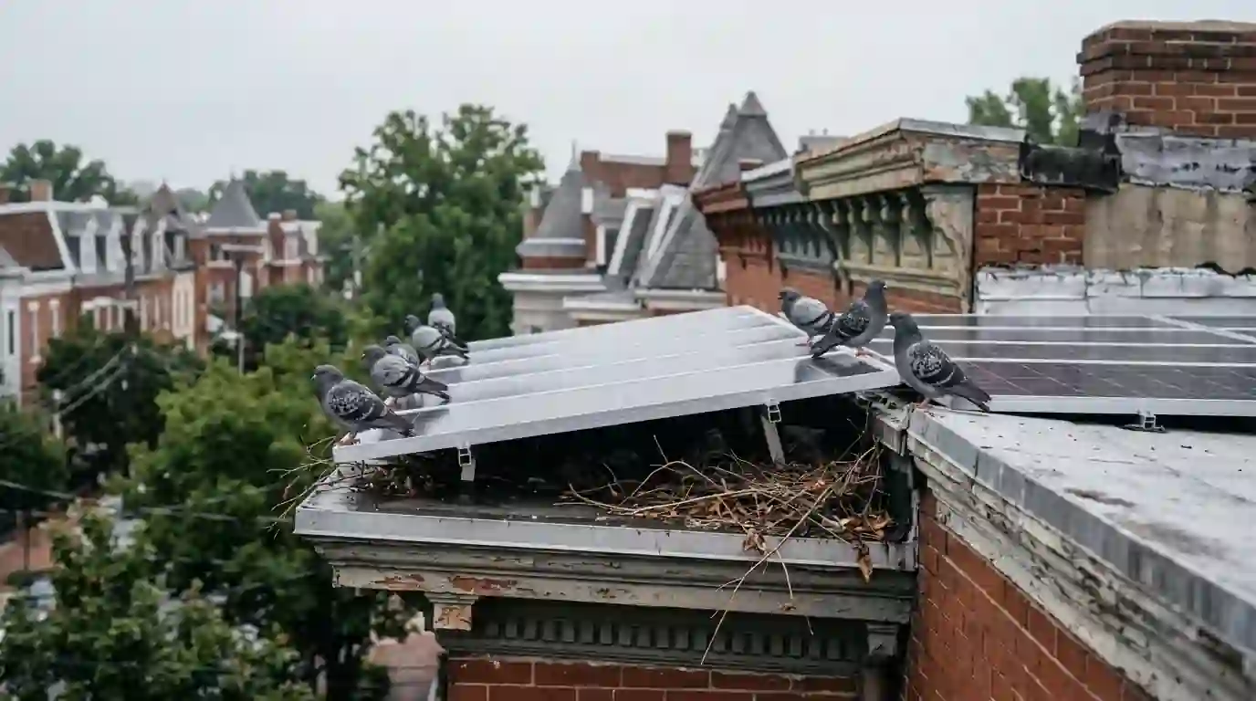 Pigeons nesting under a DC rowhouse array