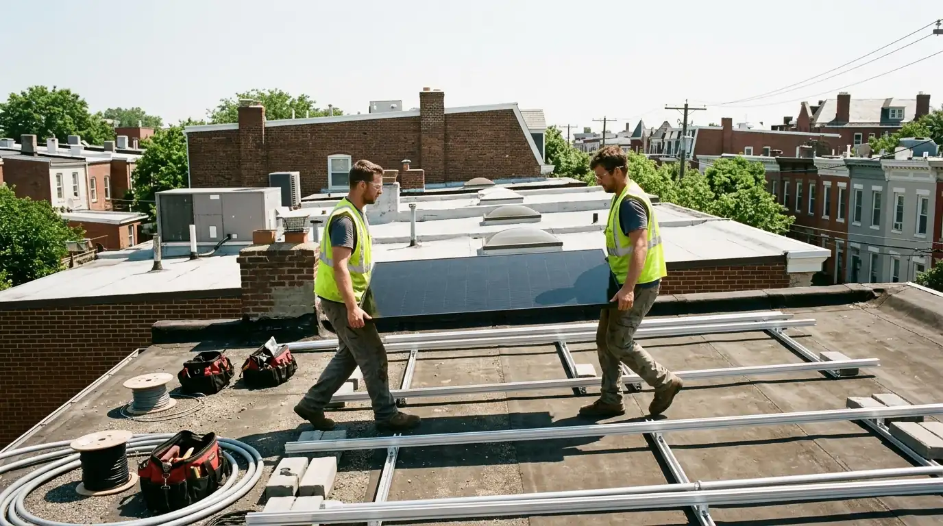 Installers carrying a solar panel across a Washington, DC rowhouse roof