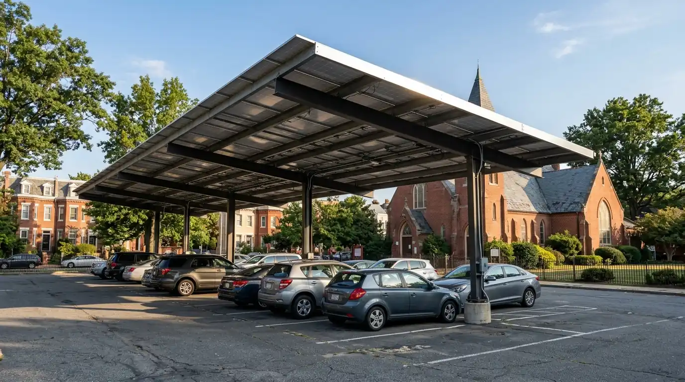 Solar carport over a church parking lot in Washington, DC
