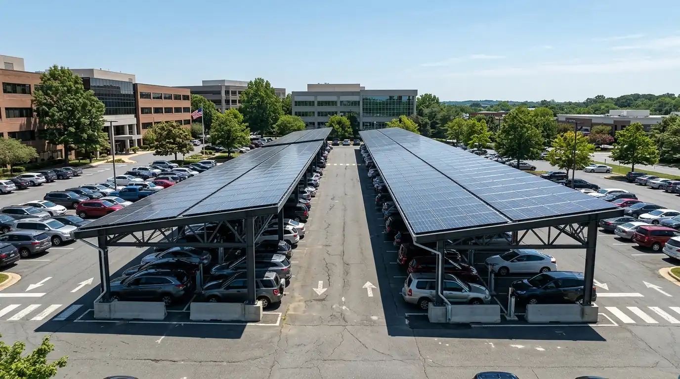 Double-row solar carport over an office parking lot