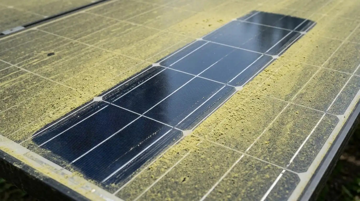 Pollen film on a solar panel before cleaning