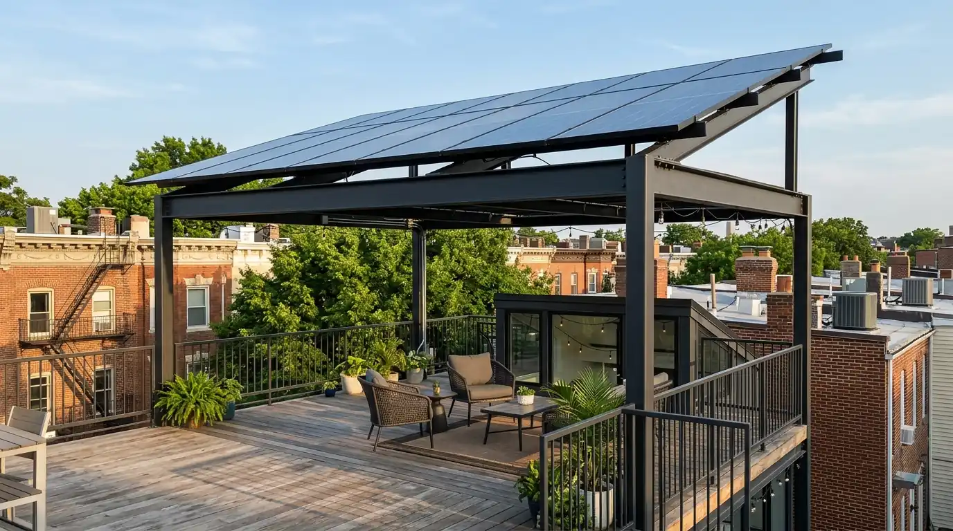 Solar canopy over a rowhouse roof deck in Washington, DC