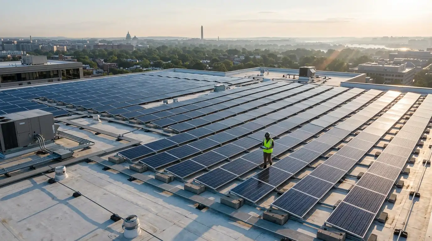 Technician walking a ballasted commercial solar array