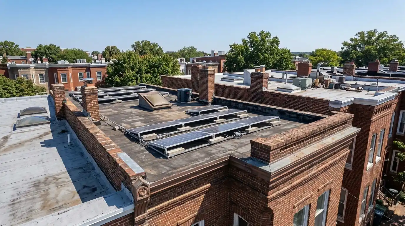 Tilted solar rack behind the parapet of a DC rowhouse