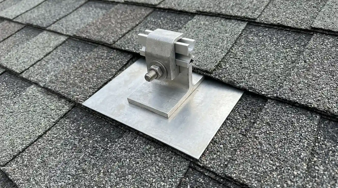Flashed solar attachment on a shingle roof