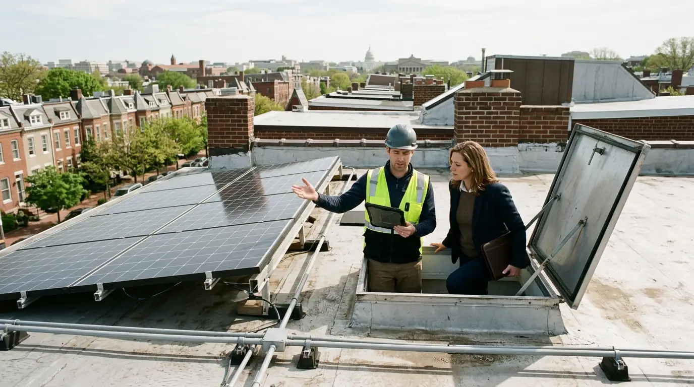 Inspector and agent reviewing a DC rowhouse solar system