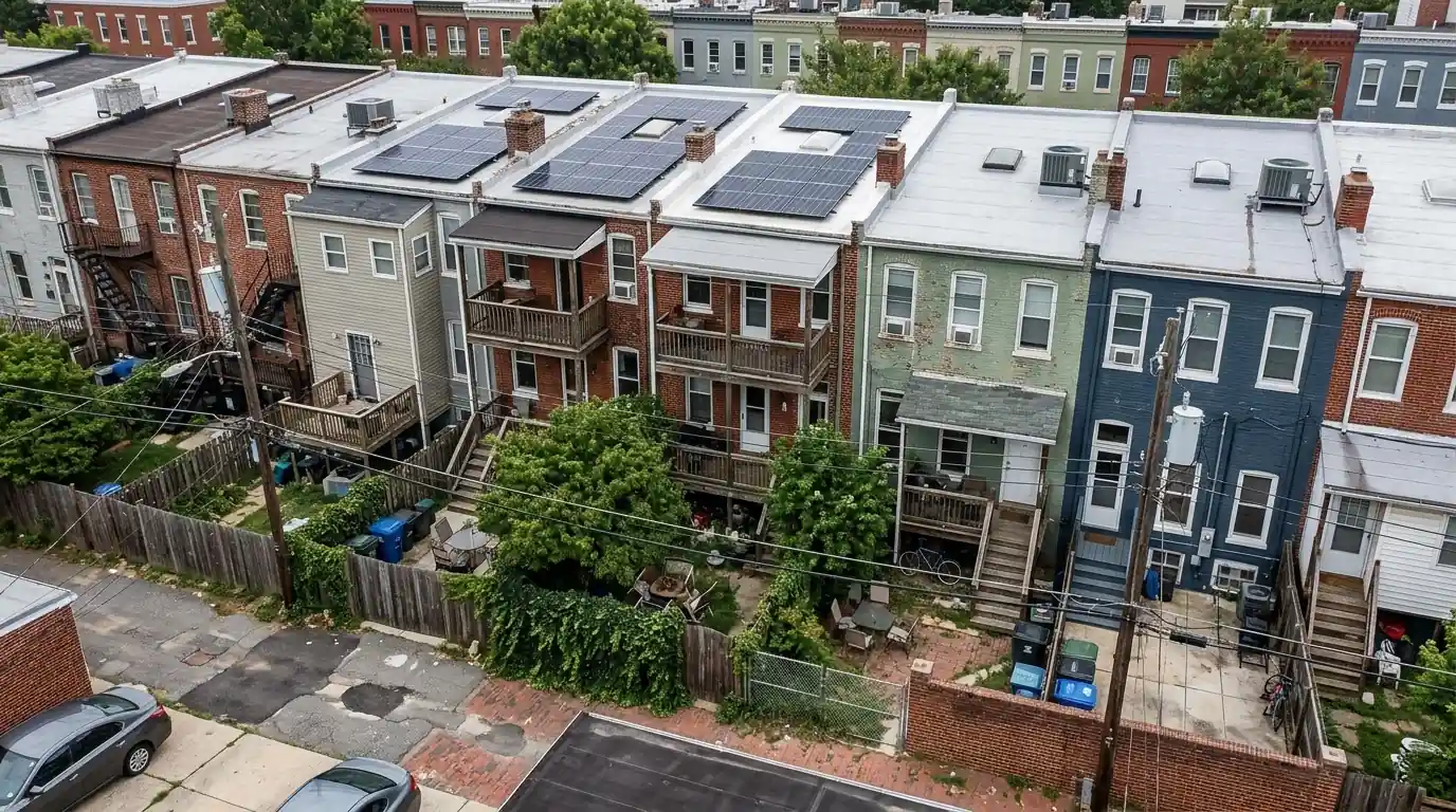 Row of Washington, DC rowhouse roofs with solar panels behind the parapets
