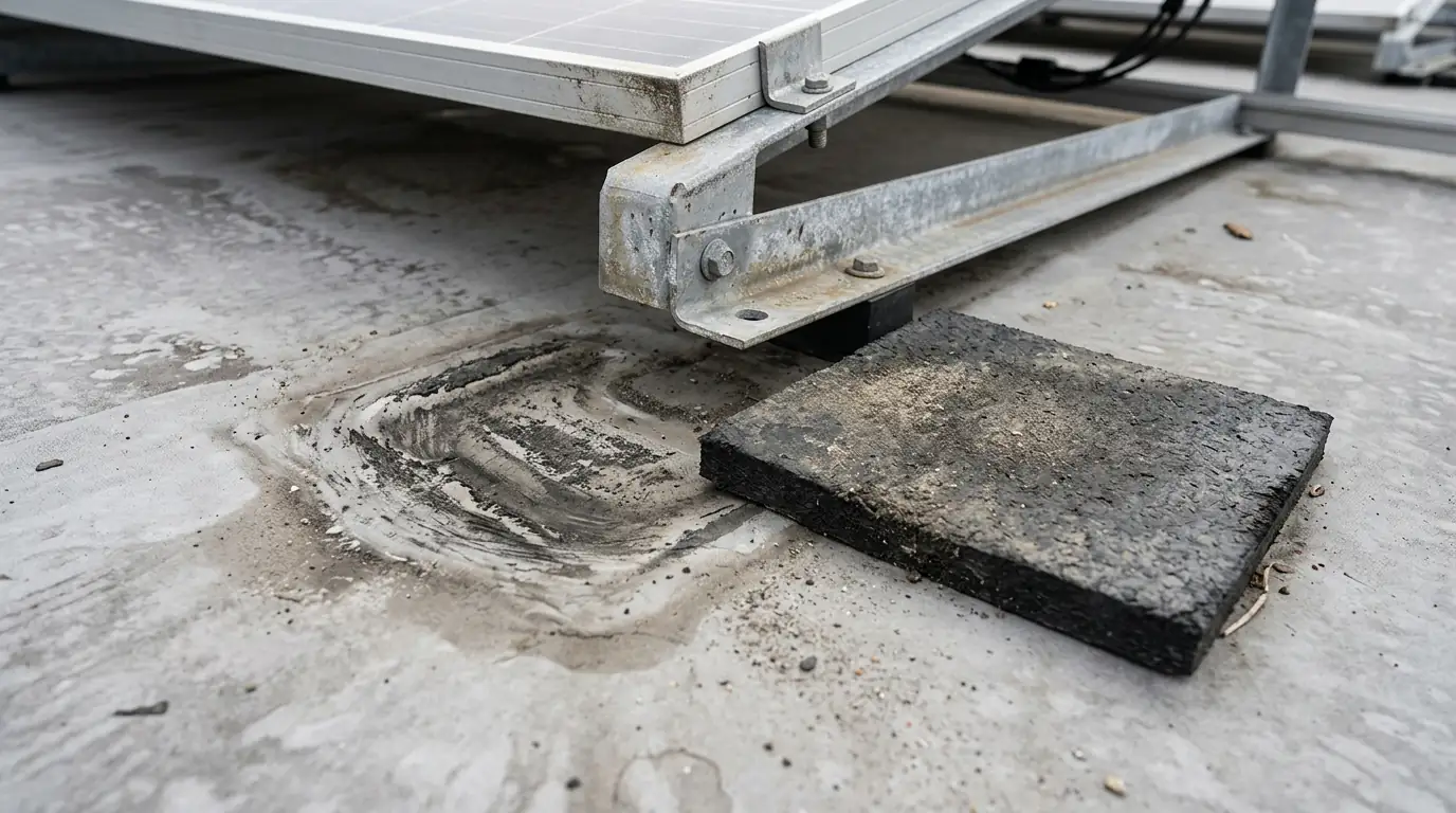 Membrane damage found under a flat-roof solar rack