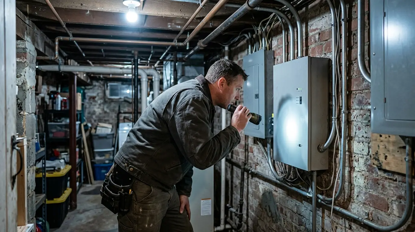 Technician checking a home battery in a Washington, DC rowhouse basement