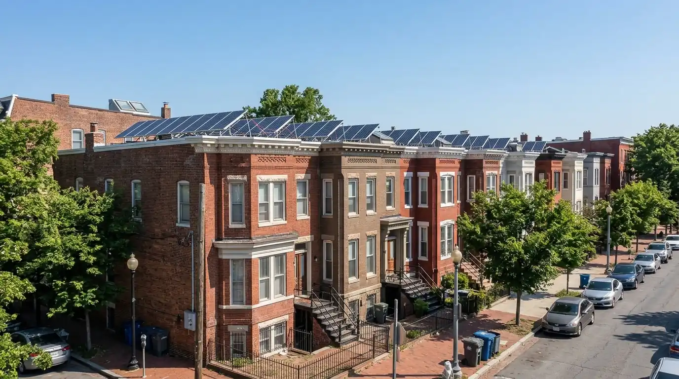 Flat roofed Washington, DC rowhouses with solar panels behind the parapets