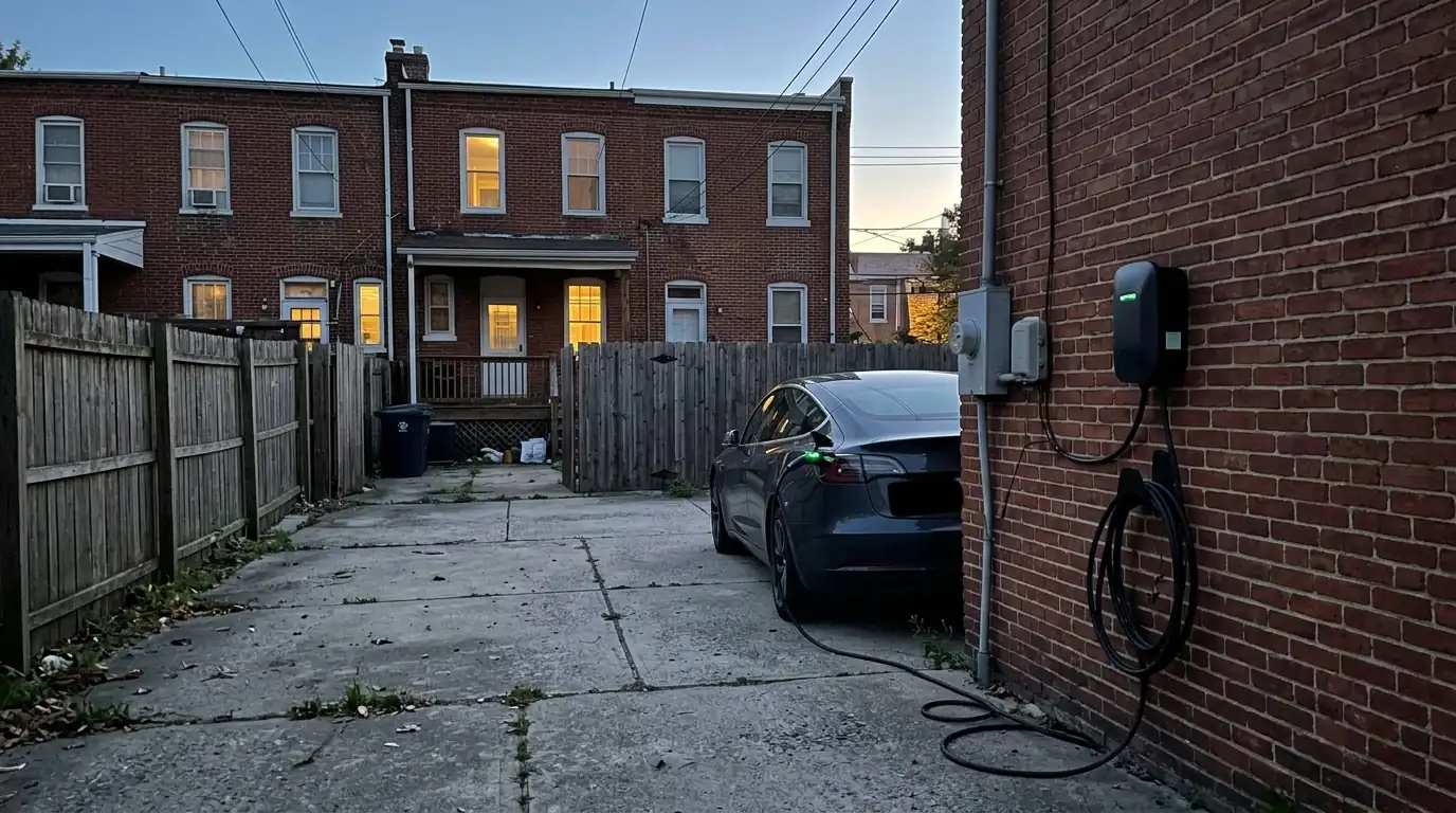 Level 2 EV charger behind a Washington, DC rowhouse