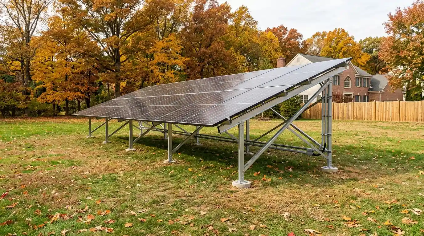 Ground-mounted solar array in a large suburban backyard near Washington, DC