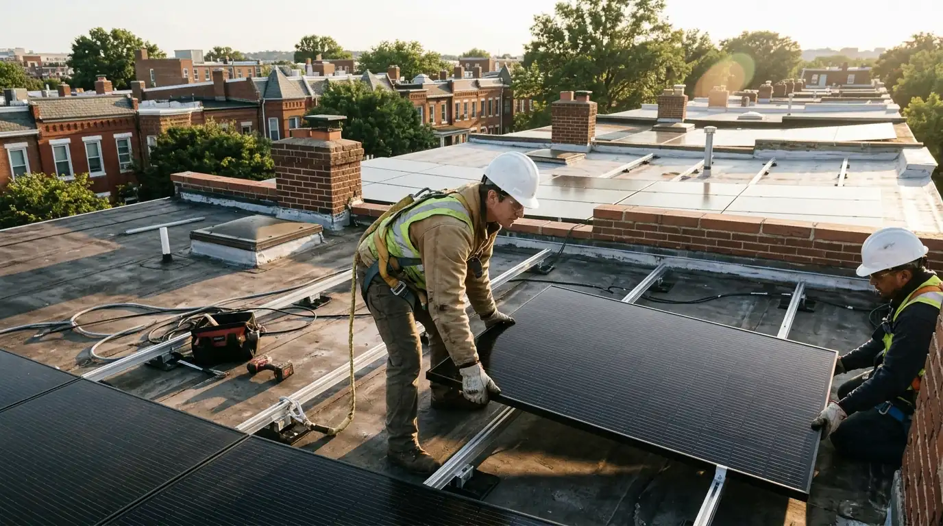 Installer setting a solar panel onto racking rails on a Washington, DC rowhouse roof