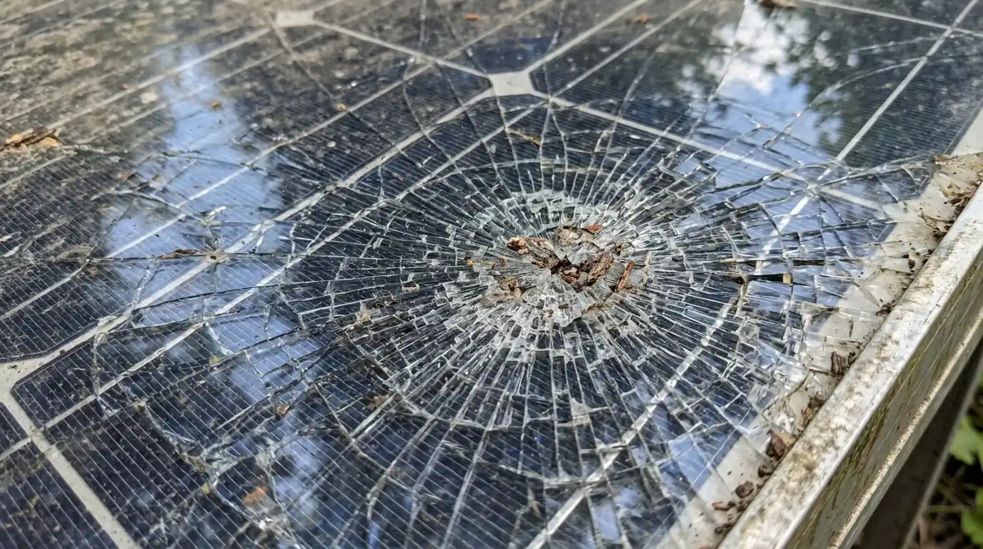 Solar panel with cracked tempered glass after a branch impact